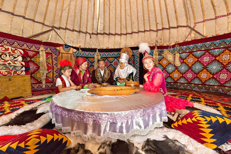 Kazakh in nomadic tent Almaty Kazakhstan