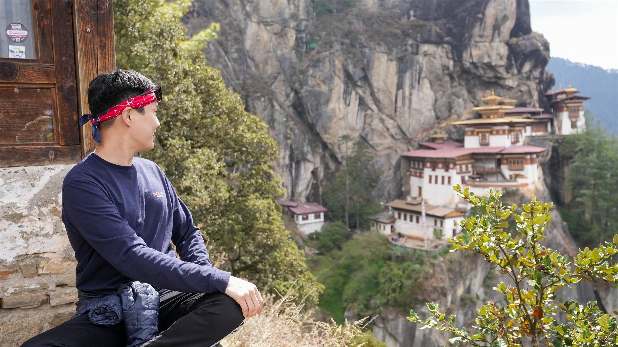 The classic viewpoint reveals Paro Taktsang across the mountain gorge