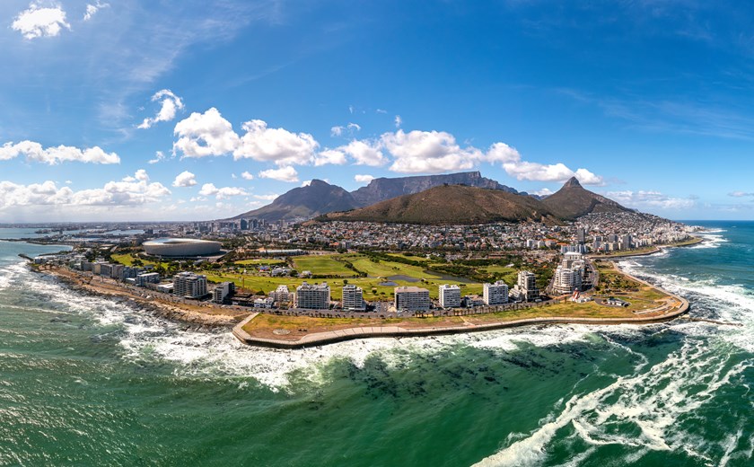 Panorama drone view over Cape Town to Table Mountain and Lion's Head at day in South Africa