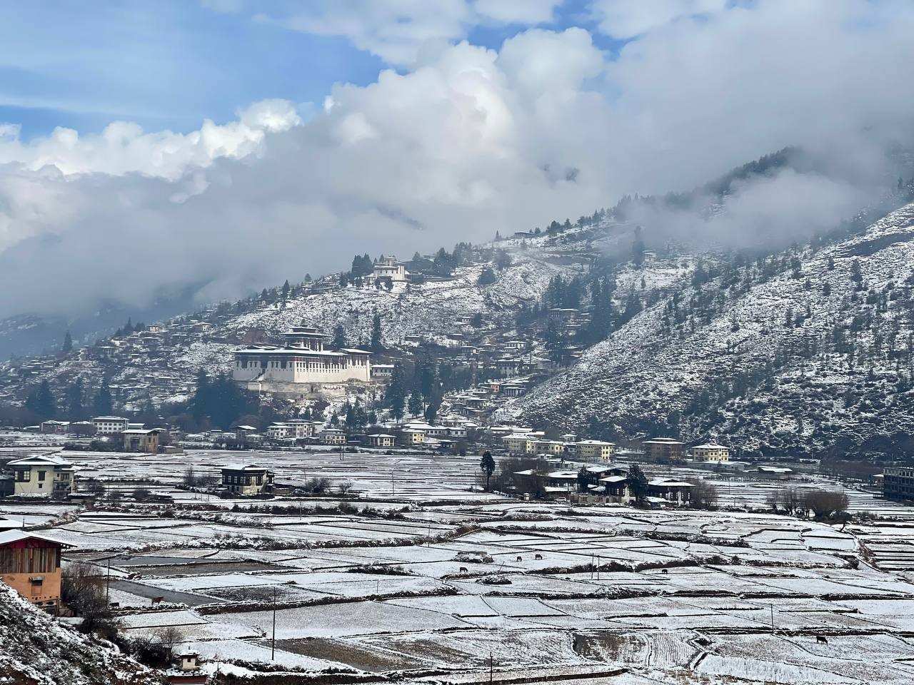 Paro Valley transforms into a peaceful winter landscape beneath the snow