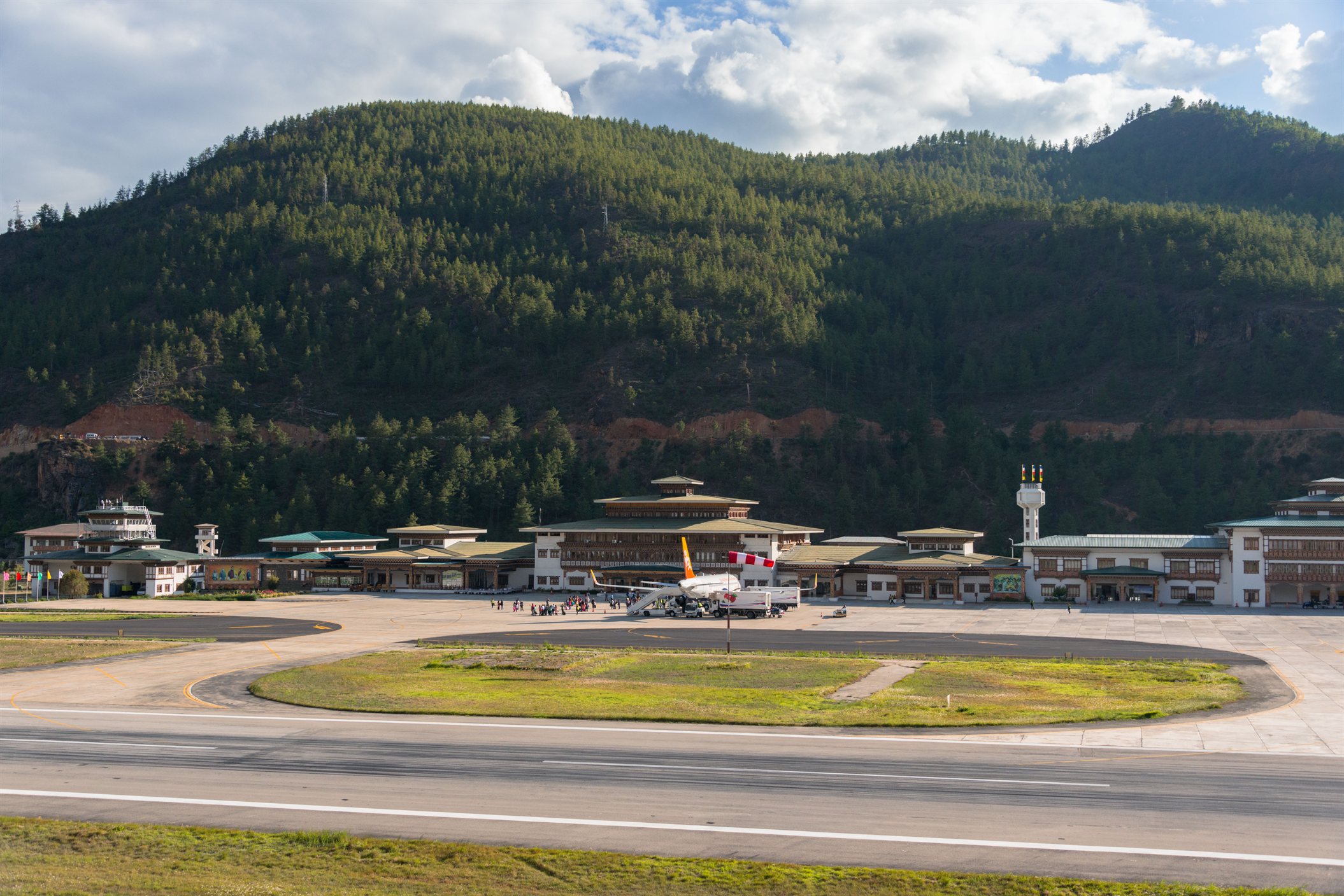 Paro International Airport welcomes travellers into Bhutan with dramatic Himalayan mountain views