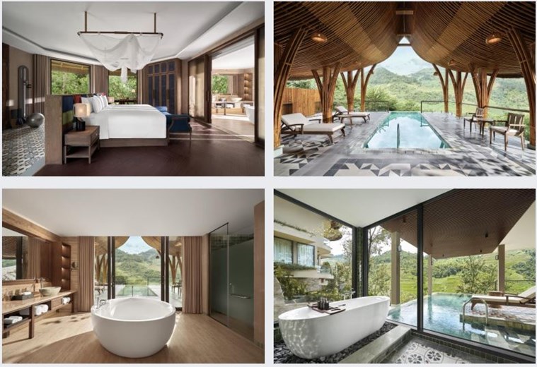 Garrya Mu Cang Chai Well-being Pool Suite designed for relaxation with natural tones and panoramic rice terrace views.