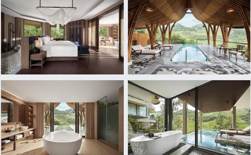 Garrya Mu Cang Chai Well-being Pool Suite designed for relaxation with natural tones and panoramic rice terrace views.