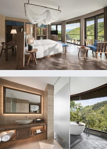 Garrya Mu Cang Chai Well-being Suite designed for relaxation with natural tones and panoramic rice terrace views.
