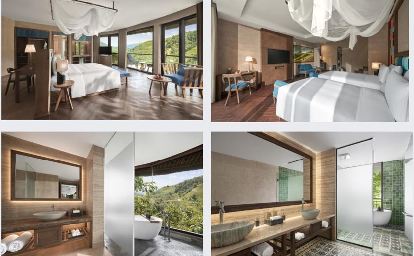 Garrya Mu Cang Chai Well-being Suite designed for relaxation with natural tones and panoramic rice terrace views.