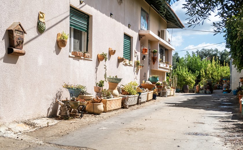 A peaceful corner of Zikhron Ya’akov, where sunlit pottery, leafy gardens, and village calm create a beautifully timeless scene
