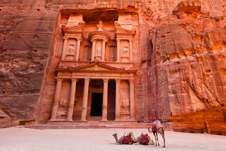 The iconic Treasury glowing in Petra’s red cliffs
