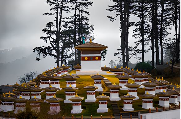 Scenic view of Dochula Pass in Bhutan, with its mountain landscape and 108 chortens