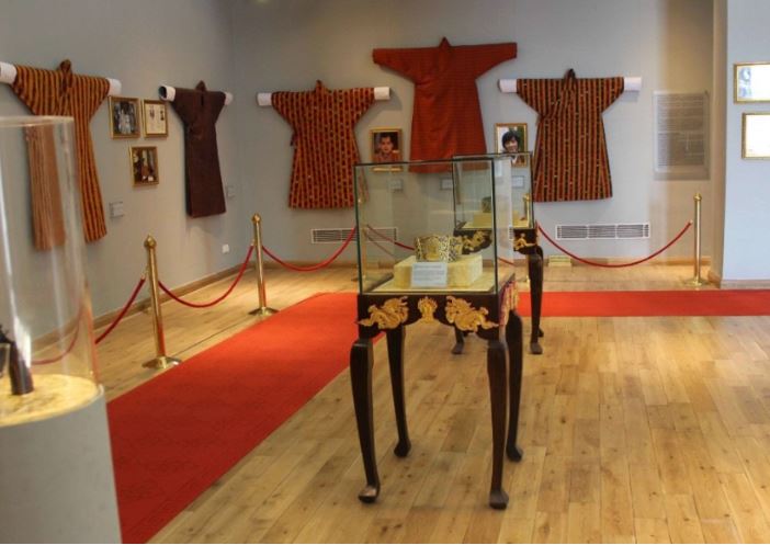 Exhibit of traditional Bhutanese garments displayed inside the Textile Museum in Thimphu, Bhutan