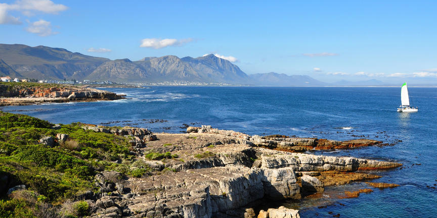 Panoramic view of the ocean and cliffs at Hermanus, South Africa
