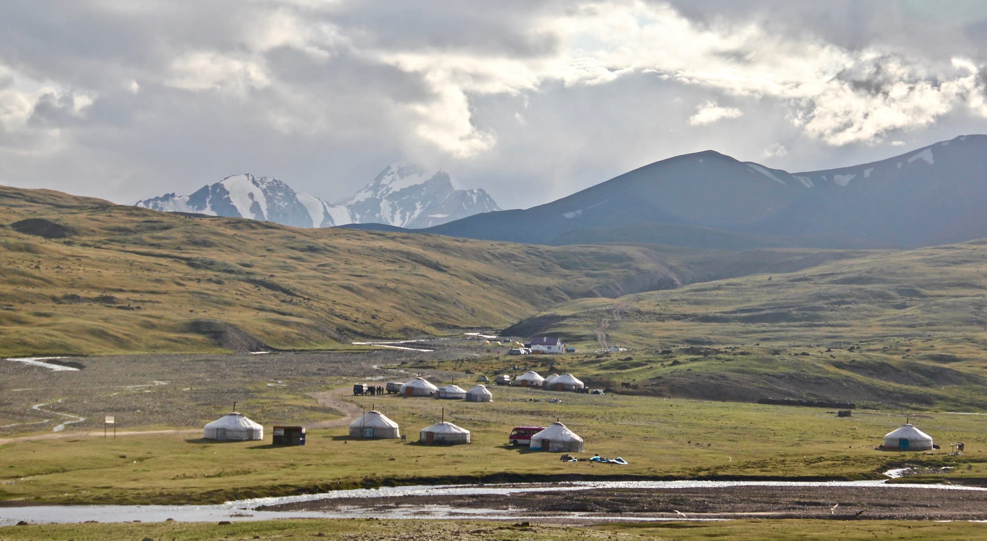 Mongolian Ger Camp Surrounded By Sweeping Grasslands And Distant Mountains