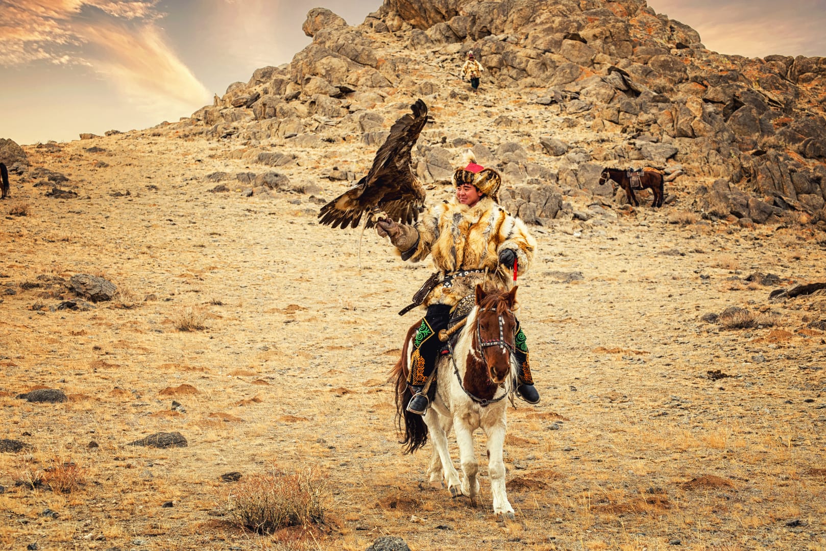 Altai Mountains Framing Proud Eagle Hunting Traditions Near Bayan Ulgii